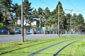 L'exposition « Portraits de Paysages » vue depuis le tramway sur le boulevard d'Algérie, dans le 19e arrondissement