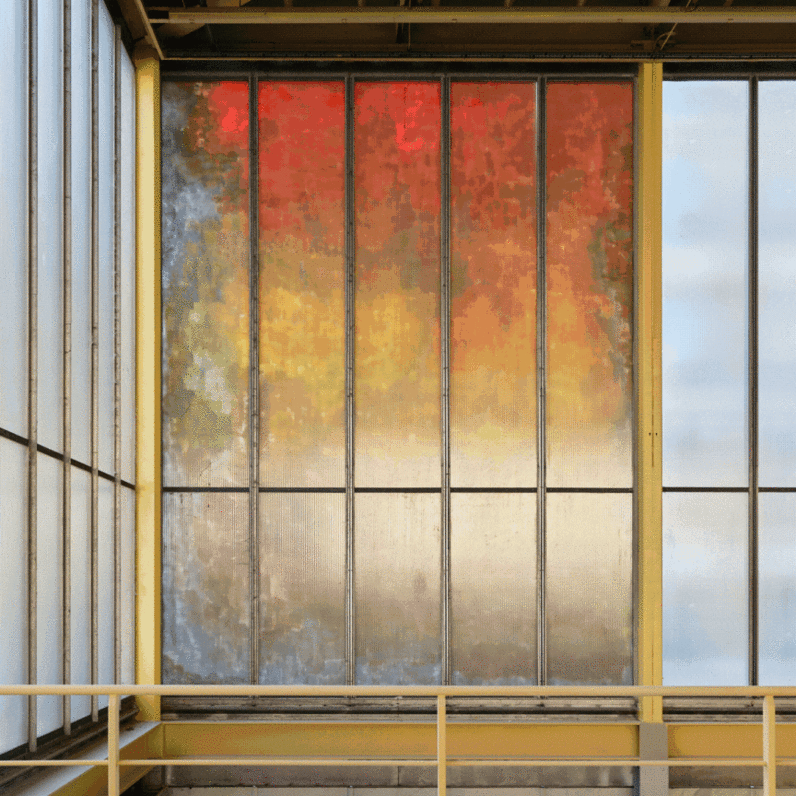 Une nouvelle strate. À Jean et Simone. 2025. Flora Moscovici x CAUE92. 
Réalisation de l'œuvre de l'ex atelier Simone Prouvé, actuellement atelier de Flora Moscovici
Vues de la Maison du peuple. Rue et intérieur, Clichy (92)