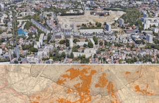 Source Gallica bnf - Plan d'ensemble des carrières souterraines de Paris et du Département de la Seine sous la dir. de M Octave Keller, 1889 - Source google maps Vue de Bagneux vers Paris, 2025.